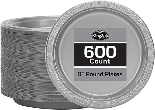 Hanna K. Signature Collection Silver Plastic Plates 9 Inch - 600 count Solid Round Party For Weddings, BBQs, Birthday Disposable Dessert (81890 (case))