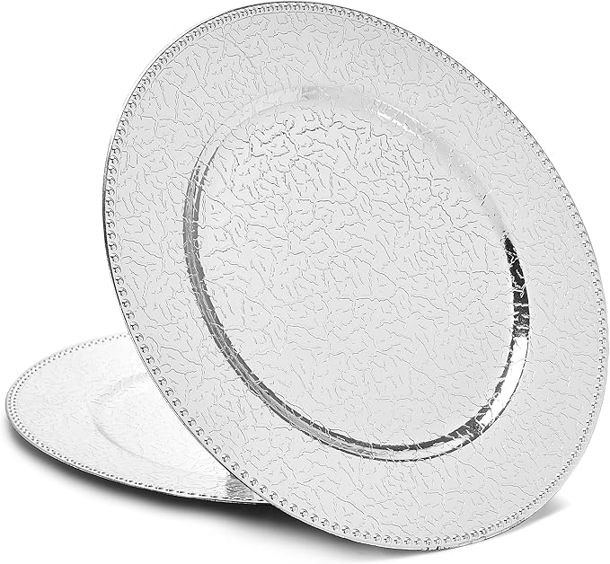 12-Piece Charger Plate Set, Silver Plastic Dinner Chargers 13 Inch for Anniversary Home Decor Table Setting (Lucky Silver, 12 PCS)