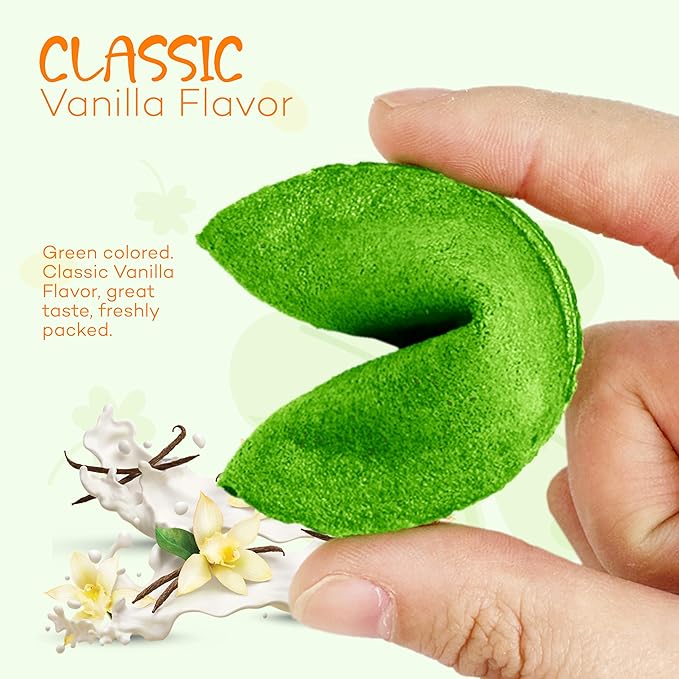 4E's Novelty St Patricks Day Fortune Cookies (50 Pack) Bulk Individually Wrapped Green Fortune Cookies With 50 Unique St Patricks Day Themed Fotune, Party Favors & Candy Bowl Filler