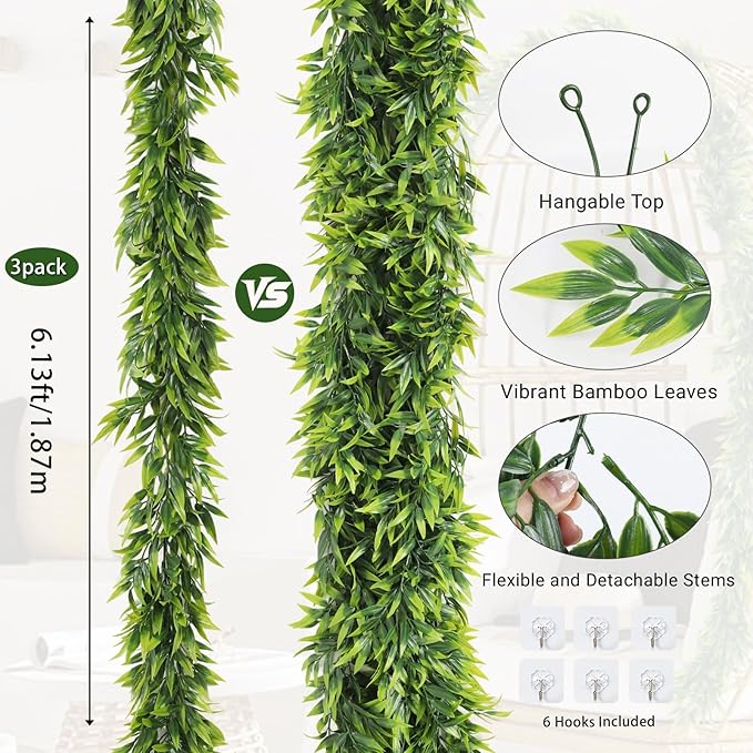 RECUTMS Fake Hanging Vines Plants Artificial Greenery Garland Artificial Bamboo Leaves Vine, Plastic Green Ivy Fake Hanging Plants for Home Wedding Garden Wall Indoor Outdoor Spring Decor(Green)