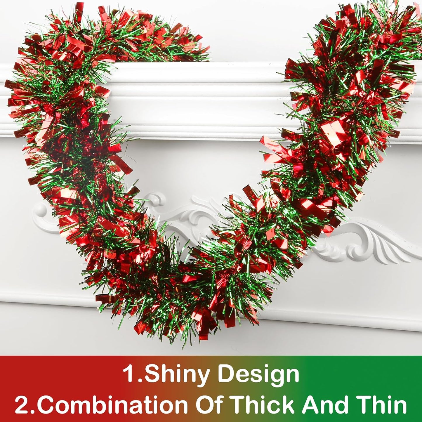 50 Feet Christmas Tinsel Garland Metallic Tinsel Garland Christmas Tree Decorations for Christmas Indoor and Outdoor Decor (Green and Red)