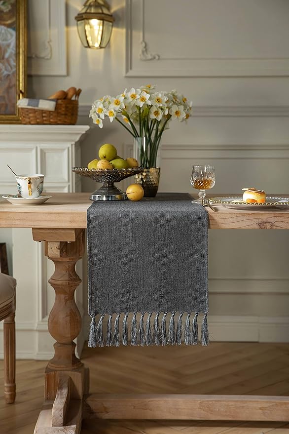 ZeeMart Graphite Grey Table Runners 108 Inches Long, Burlap Linen Style Rustic Farmhouse Table Runner, Long Boho Dining Table Runner, 13x108 Inches, Graphite Grey