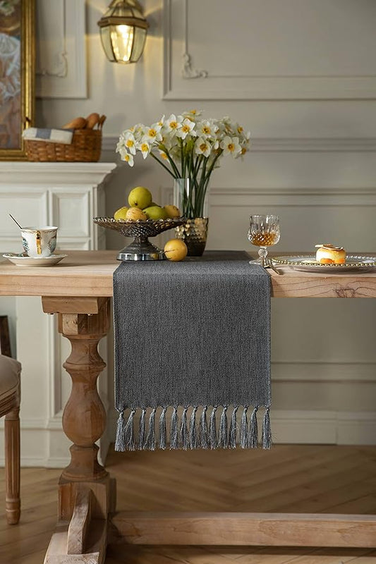 ZeeMart Graphite Grey Table Runners 60 Inches Long, Burlap Linen Style Rustic Farmhouse Table Runner, Boho Woven Dining Table Runner, 13x60 Inches, Graphite Grey