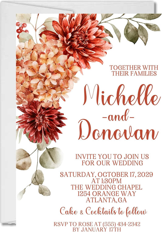 Rustic Orange Fall Wedding Invitations, Burnt Orange & Terracotta Floral, Personalized, Set of 12 Invitations with Envelopes