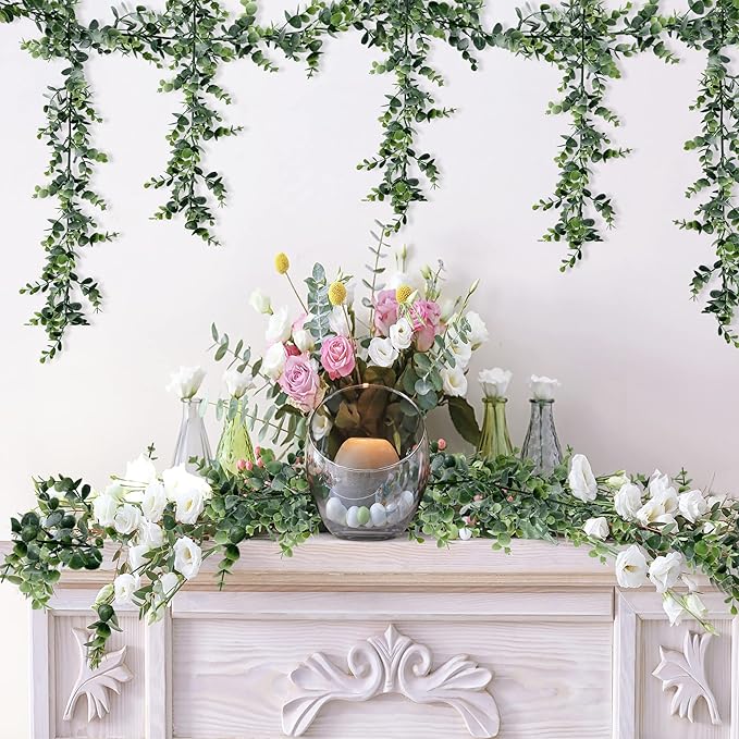 Sggvecsy Artificial Eucalyptus Garland 5 Pack Fake Eucalyptus Greenery Garland Faux Hanging Plants Artificial Vines, 5.6 Feet/Strand for Wedding Backdrop Arch Wall Table Party Outdoor Festival Decor