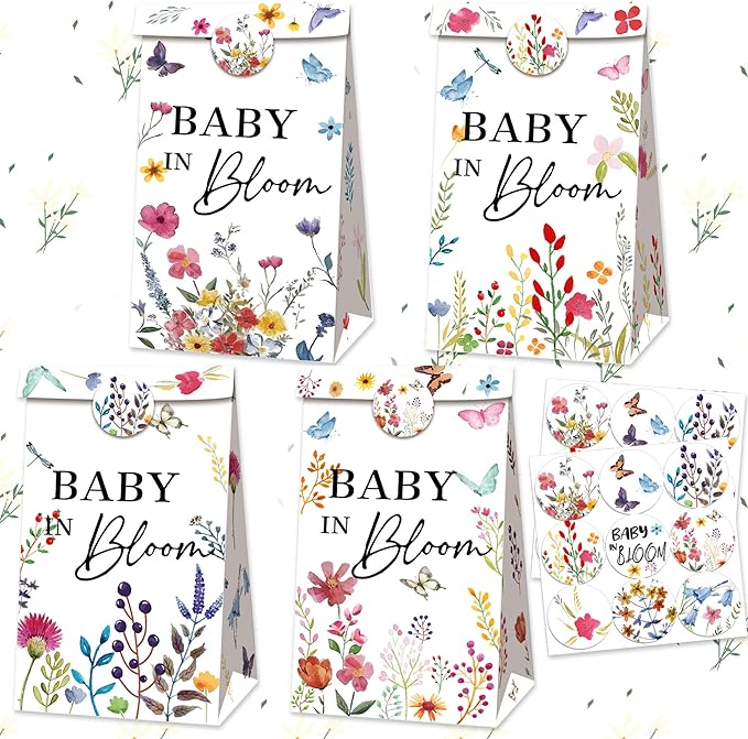 BACH AND BOUJEE 12 PCS Baby in Bloom Party Favors Gift Bags Floral Small Goodie Candy Bags with Stickers Wildflower Baby in Bloom Baby Shower Birthday Party Supplies