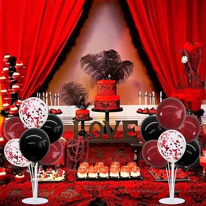 TONIFUL 4 Set Wine Red and Black Balloon Centerpieces for Table,Balloon Stand Kit for Black Red Party Decor 2026 Graduation,Wedding,Chinese New Year,Retirement,Halloween,Birthday Party Decorations