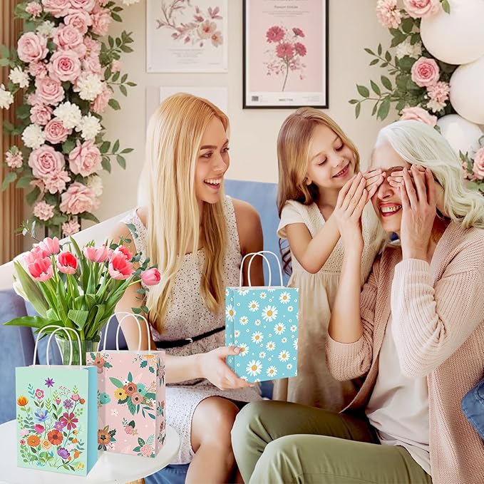 Konsait 16 Pack Floral Gift Bags, Pink and Blue Wildflower Goodie Bags with Handle, Paper Flower Bag for Birthday Anniversary Mothers Day Gathering Greeting and More