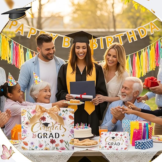 Maitys 12 Pack 13" Large 2026 Graduation Gift Bags Bulk with Handle, Tissue Papers, Cards, Ribbons Class of 2026 Congrats Grad Wildflower Paper Wrapping Bag for College Graduation Party Supplies