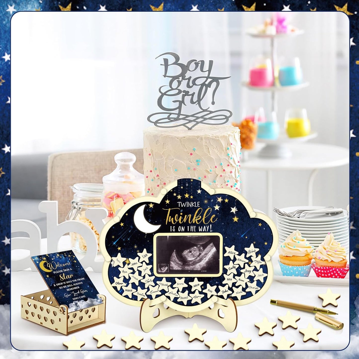 Wenqik 63 Pcs Moon and Star Baby Shower Guest Book Alternatives Set Baby Shower Decorations with Photo Frame Sonogram Frame Keepsake 60 Wood Slices Guest Book for Birthday