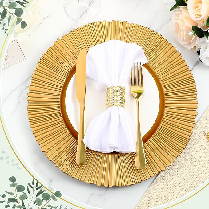 Tanlade 50 Set Bright Gold Charger Plates Bulk with Napkin Rings Plastic 13" Plate Charger Fluted Edge Wedding Decoration for Table Wedding Party Event(Sun)