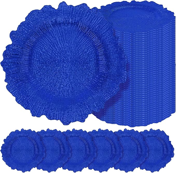 50 Pcs Royal Blue Charger Plates Bulk 13 Inch Plastic Charger Plates for Dinner Plate, Royal Blue Chargers for Table Setting, Reef Design Plate Floral Decorative Round Chargers for Wedding Party Event