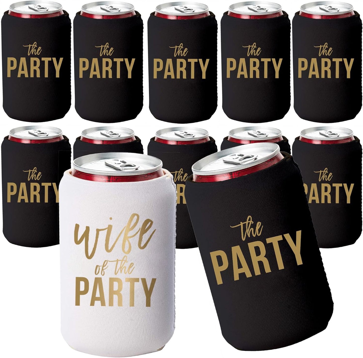 Wife of the Party and The Party Bachelorette Can Coolers - Set of 12, Perfect for Decorations and Bridesmaid Gifts (Black, Regular)