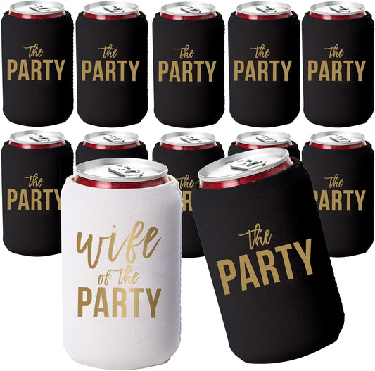 Wife of the Party and The Party Bachelorette Can Coolers - Set of 12, Perfect for Decorations and Bridesmaid Gifts (Black, Regular)