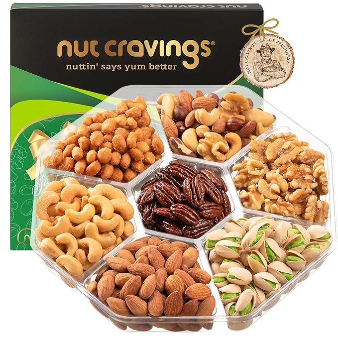 NUT CRAVINGS - Halloween Treats For Adults Mixed Nuts Gift Basket in Green Gold Box (7 Assortments, 1 LB) Holiday Xmas Christmas Food Arrangement, Healthy Snack Care Package, Food Assortments