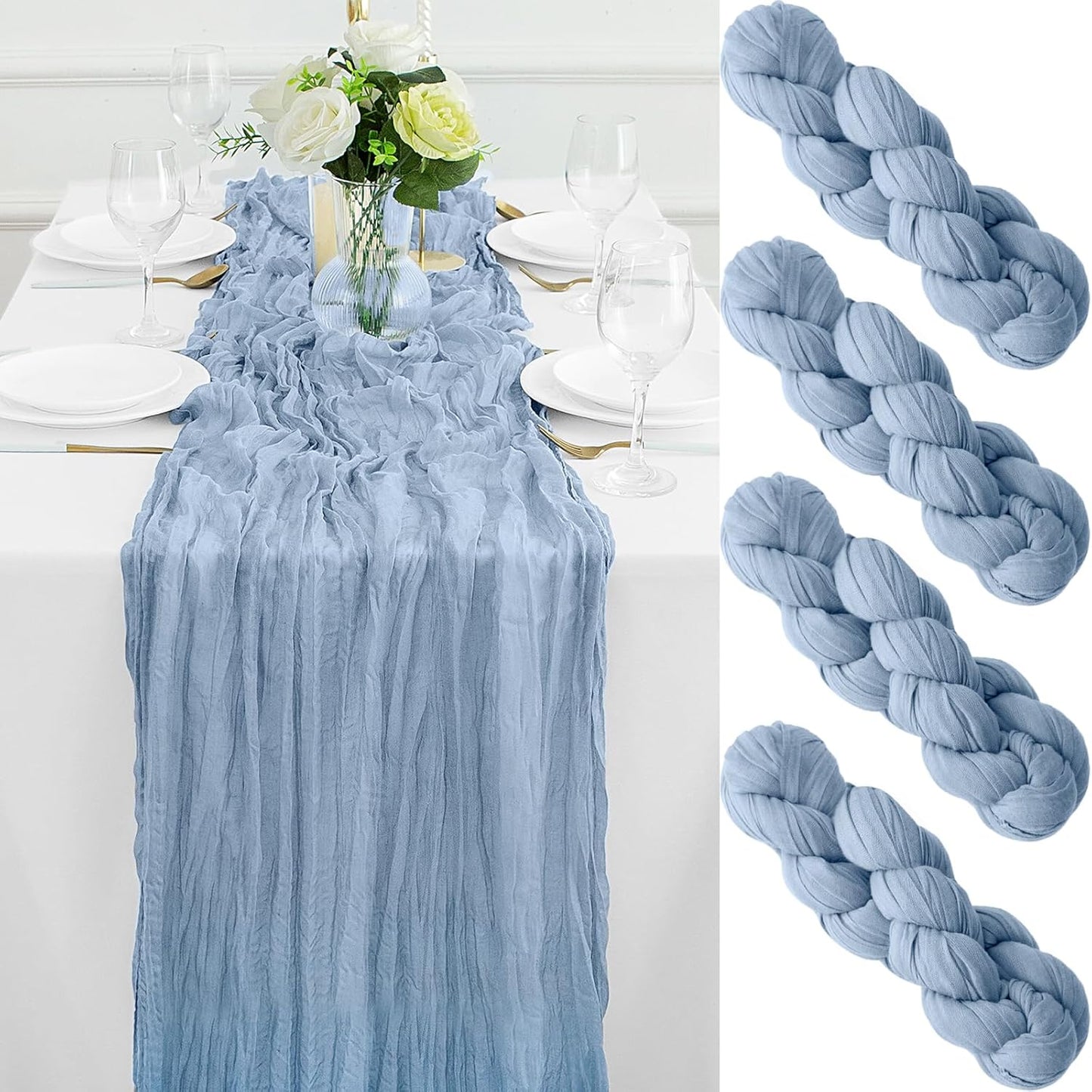 4Pack Dusty Blue Table Runner 10FT Cheese Cloth Table Runner 35x120Inch Long Boho Table Runners Rustic Gauze Table Runners for Party Wedding Bridal Shower Baby Shower Decorations
