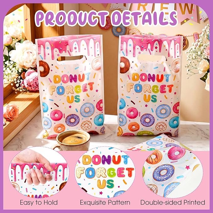 Supervitae 100 Pcs Donut Forget Us Plastic Gift Bags Goodbye Party Favor Bags Bulk with Handles for Coworker, Retirement, Going Away, Office Farewell and Leaving Goodie Candy Treat Party Supplies