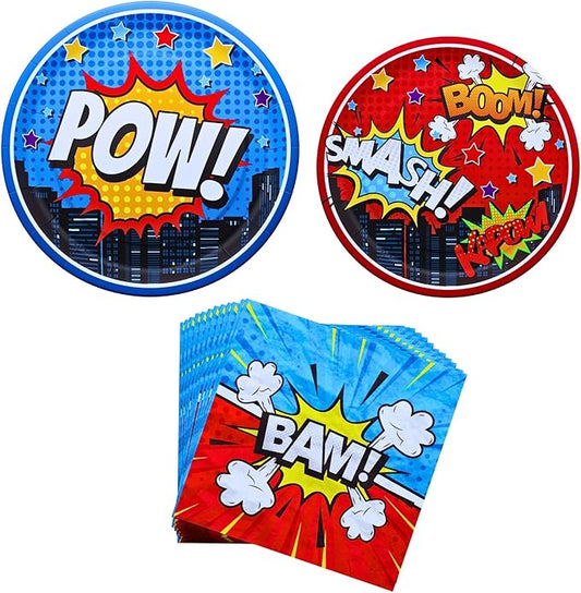 Blue Orchards Superhero Plates and Napkins (52 Pieces for 16 Guests) - Decorations, Super Hero Birthday for Boys, Plates and Napkins Supplies