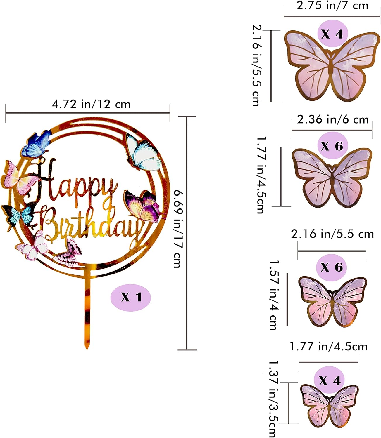 Colorful Butterfly Cake Decorations Set - 1 Large Happy Birthday Cake Topper & 20 Bronzing Striped Purple-Pink Butterfly Cupcake Toppers - Perfect for Girls Women Birthday Celebration