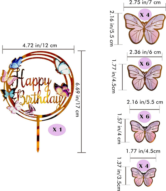 Colorful Butterfly Cake Decorations Set - 1 Large Happy Birthday Cake Topper & 20 Bronzing Striped Purple-Pink Butterfly Cupcake Toppers - Perfect for Girls Women Birthday Celebration