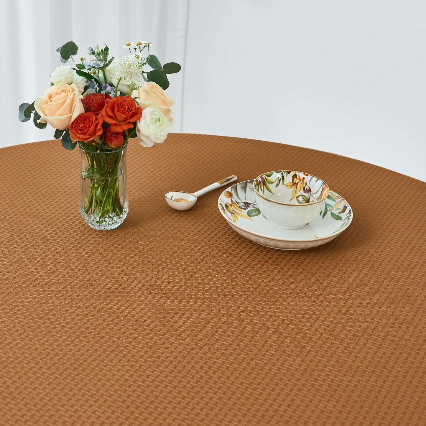 maxmill Fall Tablecloth Weaved Texture Design Stain Resistant Waterproof Anti-Shrink Spillproof Washable Soft Table Cloth for Dining Room Harvest Thanksgiving Parties, Round 70 Inch, Amber