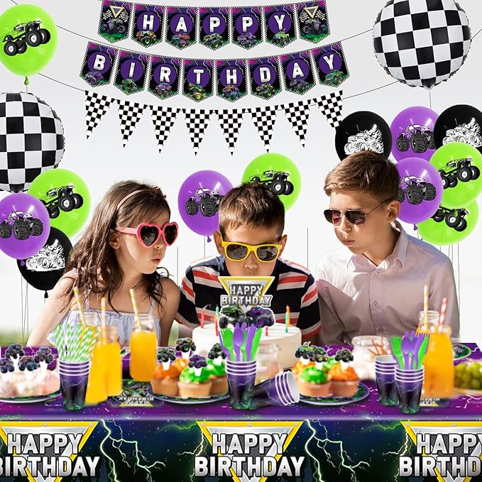 Truck Birthday Decorations Kit,162pcs Monster Birthday Party Supplies Serves 16 Guests, Truck Theme Party Decorations for Boy Purple and Green