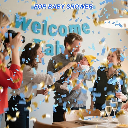 4 Pack Gender Reveal Confetti Cannon, 12 in Blue Rectangle Shaped Paper Party Poppers Cannons, Confetti Poppers For Baby Boy Gender Reveal Baby Showers (Rectangle, Blue)