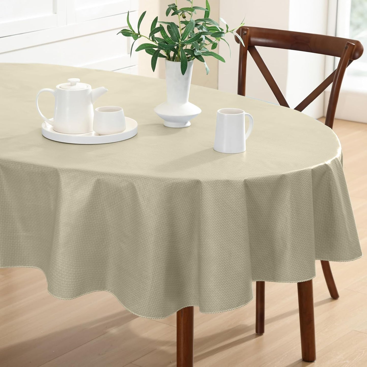 Newbridge Basketweave Vinyl Flannel Backed Tablecloth, 60 x 84 Inch Oval, Natural, Basket Weave Textured Indoor Outdoor Waterproof Table Cover for Patio, Kitchen, Dining