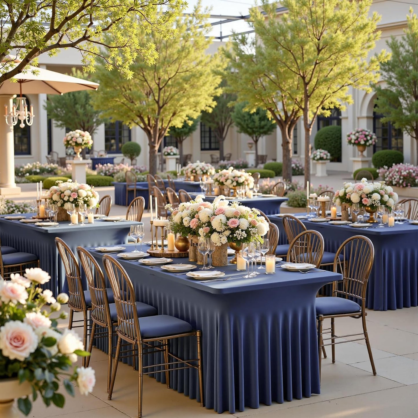 2 pk Navy Blue Spandex Tablecloth 6ft With Ruffle Table Skirt, Wrinkle Free Stretchy Fitted Tablecloths for 6 Foot Rectangle Tables, Elastic Spandex Table Covers 6ft for Weddings Parties Banquet Craft