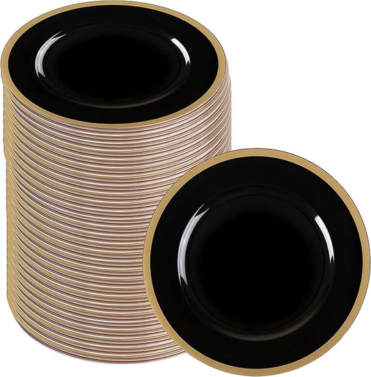PARTY BARGAINS 13-Inch Charger Plates - 96 Pack, Black Gold Rim, Heavy-Duty Disposable Chargers for Elegant Dining - Ideal for Weddings and Formal Events