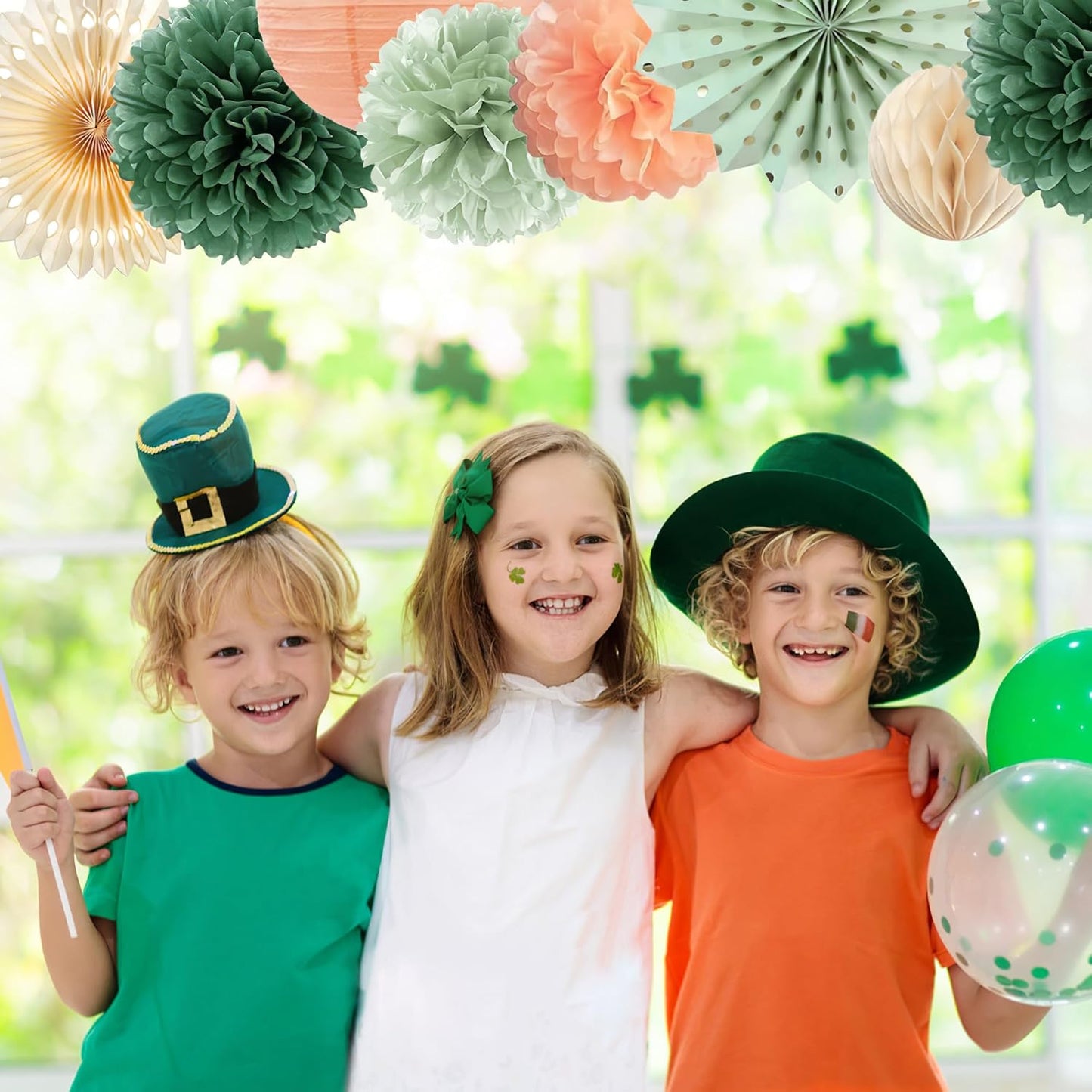 Sage Green and Peach Party Decorations Green and Peach Paper Fans Paper Lanterns Pom Poms Flowers for Baby Shower Birthday Wedding Engagement Party