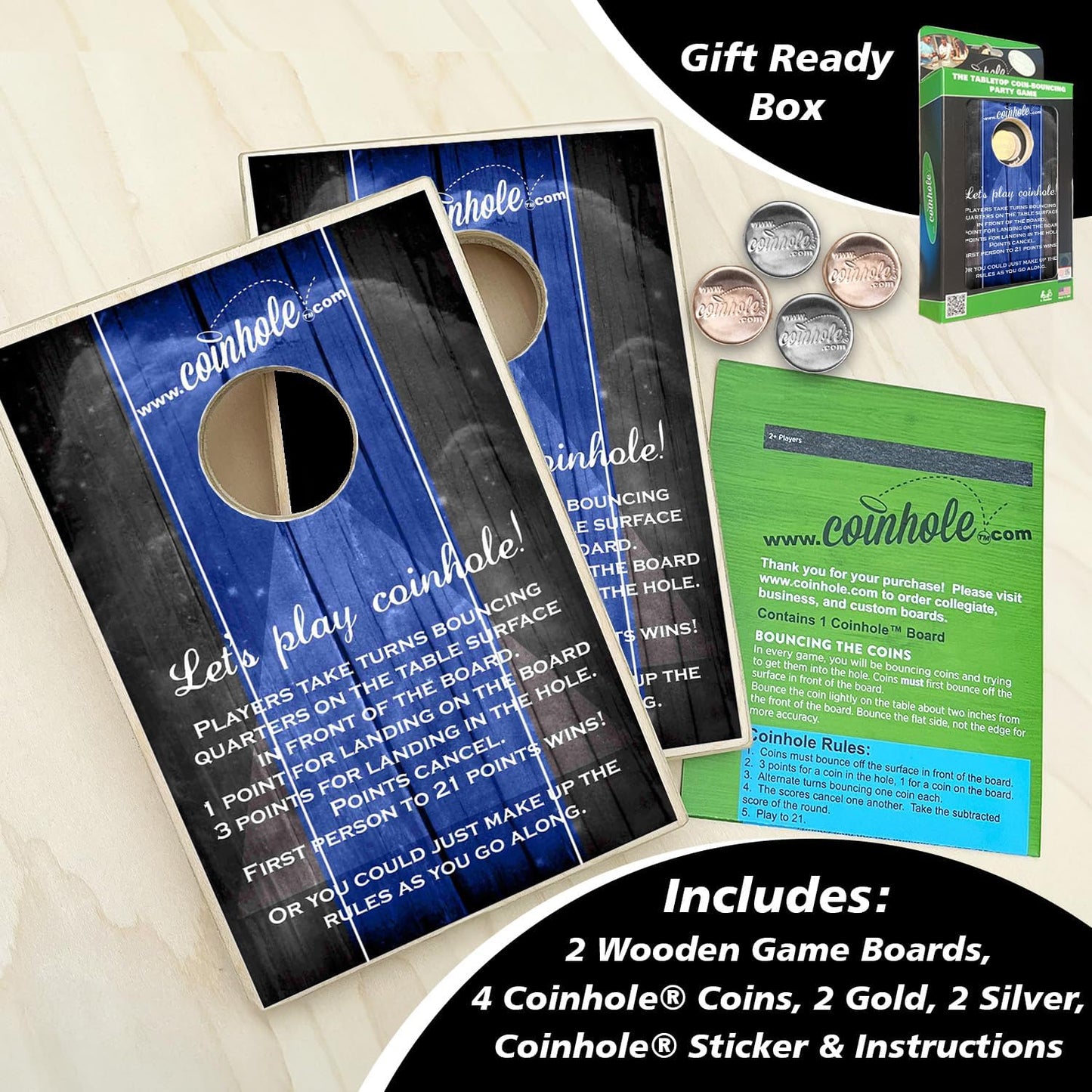 Coinhole Desktop Coin Bouncing Party Game Set | Tabletop Cornhole Board Game | Small Cornhole Travel Game Includes Coins