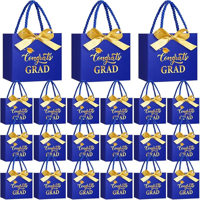 Moinchore 30 Pcs Blue Gold Graduation Gift Bags Bulk 5.5 x 4.7 x 2.5'' Small 2026 Congrats Grad Favor Bags with Handles Bow Ribbon Wrap Graduation Day Paper Party Supplies for College High School