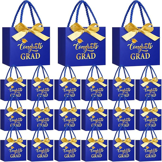 Moinchore 30 Pcs Blue Gold Graduation Gift Bags Bulk 5.5 x 4.7 x 2.5'' Small 2026 Congrats Grad Favor Bags with Handles Bow Ribbon Wrap Graduation Day Paper Party Supplies for College High School