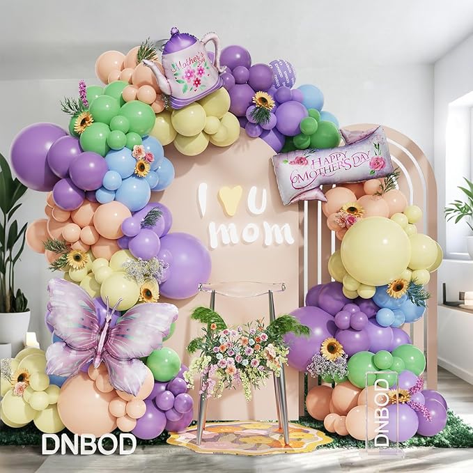 Mothers Day Decoration,160Pcs Pastel Purple Yellow Balloon Garland Arch Kit,with Butterfly,Teapot,Happy Mother's Day Foil Balloons,for Mother's Day Mom Birthday Garden Tea Party Decorations