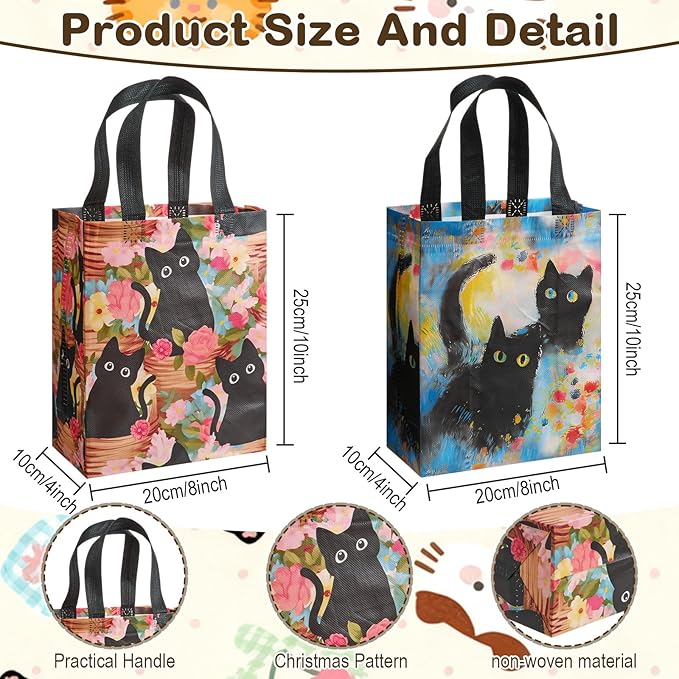 Wovnet 30 Pcs Spring Black Cat Gift Bags with Handles Kitty Flowers Theme Tote Bags Reusable Non Woven Floral Party Favors Goodie Treat Bag for Cat Lover Gifts Aesthetic 10 x 8 x 4in
