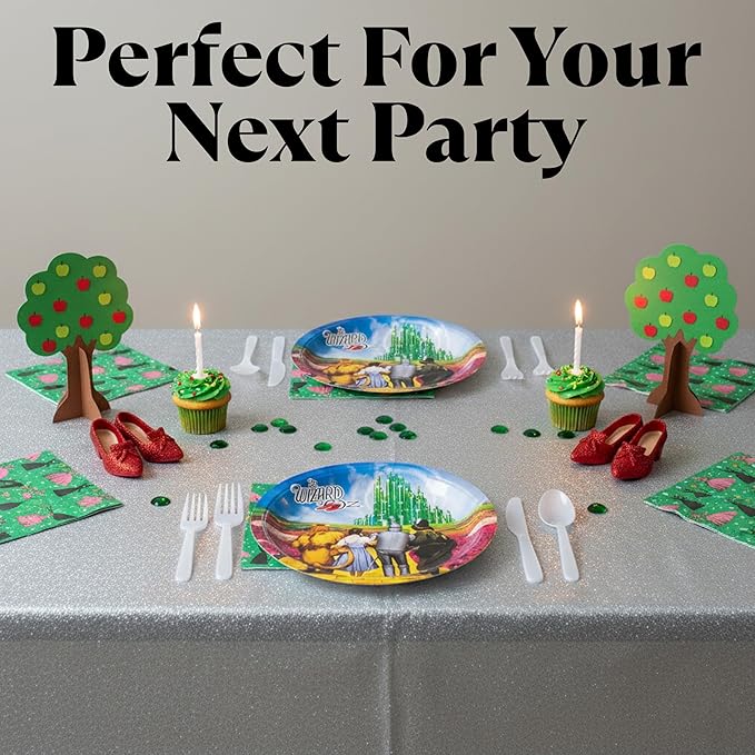 Silver Buffalo The Wizard of Oz Emerald City Featuring Dorthy, Lion, Tin Man, Scarecrow, Wicked Witch of the West Elphaba, and Glinda 32 Pack Partyware Disposable Paper Plates and Napkins
