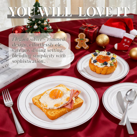 WDF 60PCS Silver Plastic Plates Disposable - Silver Plates Include 30 PCS 10.25inch Dinner Plates and 30PCS 7.5inch Salad Plates for Wedding & Party Christmas