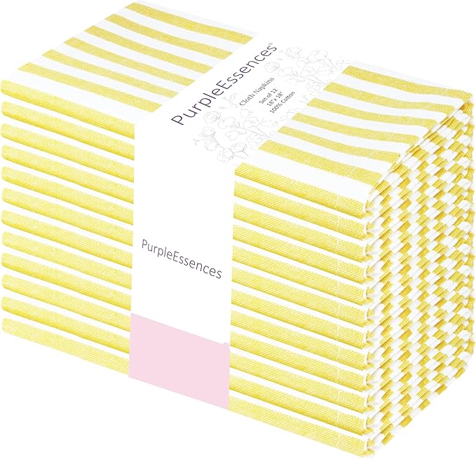 PurpleEssences Plain Striped Cloth Napkins - Set of 12-100% Cotton - 18 x 18 Inch - Spring Easter Summer and Perfect Everyday Use Dinner Napkin - Yellow and White
