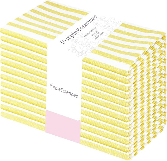 PurpleEssences Plain Striped Cloth Napkins - Set of 12-100% Cotton - 18 x 18 Inch - Spring Easter Summer and Perfect Everyday Use Dinner Napkin - Yellow and White