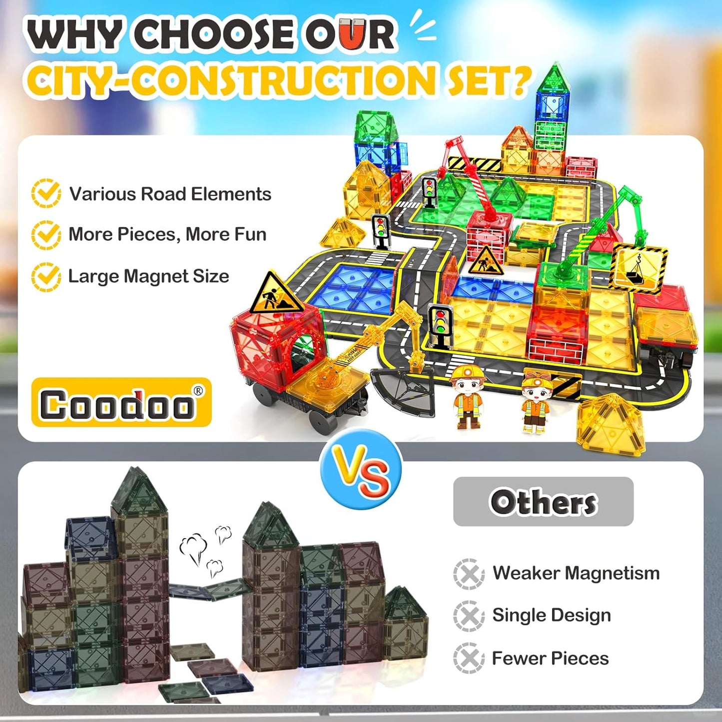 Coodoo 100 PCS Magnetic Tiles Road Set with 3 Cranes & 2 Cars - Magnetic Blocks City Construction Building Toys for 3+ Year Old Boys Girls Ideal Preschool Learning Outdoor Creative Toddler Kids Toys