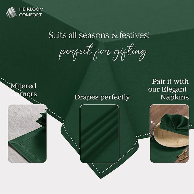 Forest Green Table Cover, 60x84 Inch, 100% Cotton, Fits 6-8 Seats, Soft, Durable, Washable, Wrinkle Resistant, Rectangle Tablecloth for Dining, Holiday Celebrations, Dinner, Events