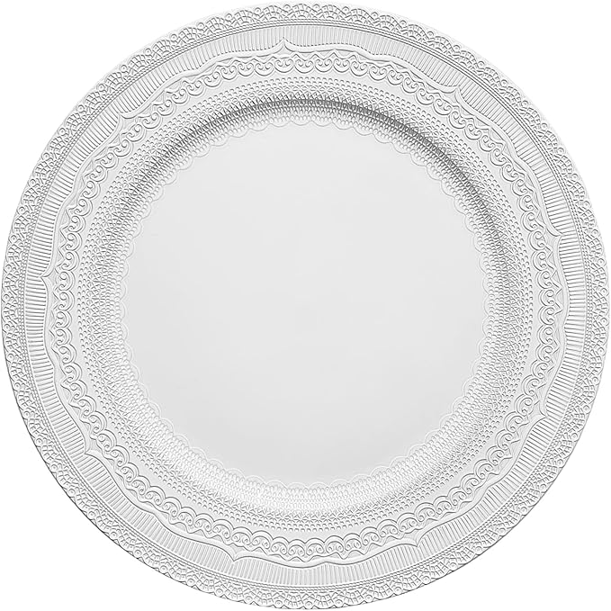 13" White Charger Plates, Lace Embossed Elegant Charger Plate Set of 6, Round Server Ware Chargers for Dinner Plate, Reusable Bulk Table Setting for Party or Event