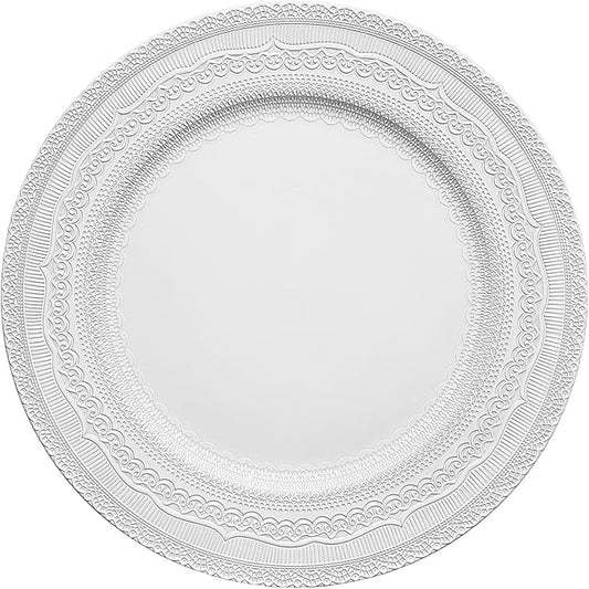 13" White Charger Plates, Lace Embossed Elegant Charger Plate Set of 6, Round Server Ware Chargers for Dinner Plate, Reusable Bulk Table Setting for Party or Event