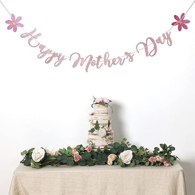 Happy Mother's Day Banner Set Decoration for Mother's Day Party Decorations Backdrop Garland for Mom Glitter Garland Photo Props Rose Gold Pink Flower