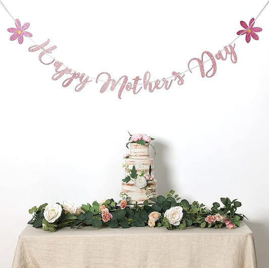 Happy Mother's Day Banner Set Decoration for Mother's Day Party Decorations Backdrop Garland for Mom Glitter Garland Photo Props Rose Gold Pink Flower