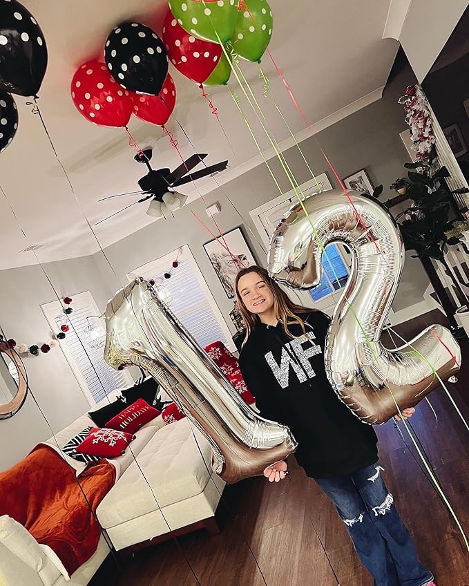 Silver Number 12 Balloon 40 inch, 12 Number Balloons, 12th Silver Birthday Decorations for Girls Boys Kids, 12 Year Old Silver Party Supplies