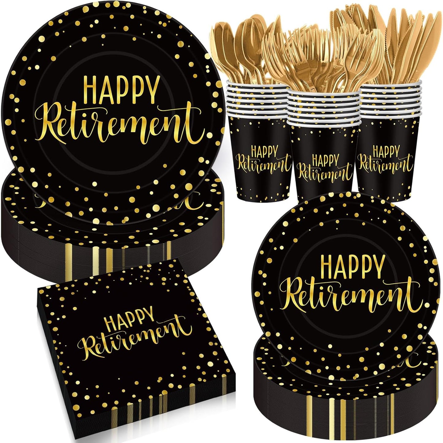 Pickmesh 192 Pcs Retirement Party Decorations Happy Retirement Paper Plates and Napkins Set with Cups and Knife Fork Spoon,Farewell Party Disposable Tableware for 24 Guest Women Men(Gold Black)