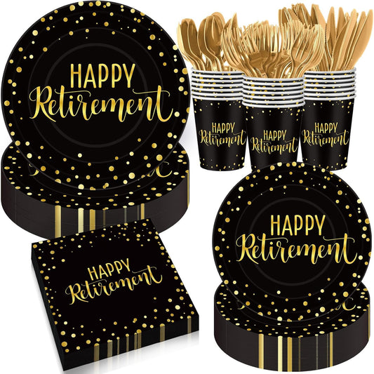 Pickmesh 192 Pcs Retirement Party Decorations Happy Retirement Paper Plates and Napkins Set with Cups and Knife Fork Spoon,Farewell Party Disposable Tableware for 24 Guest Women Men(Gold Black)
