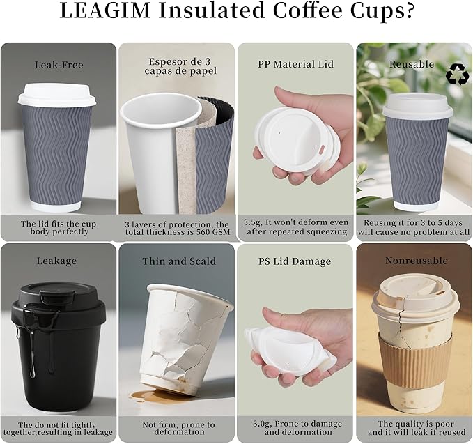 100 Set - 16 oz Coffee Cups with Lids, Disposable Insulated Corrugated Paper Cups, Double Wall Ripple To Go Cups for Hot Drinks, Chocolate, Cocoa (Grey)